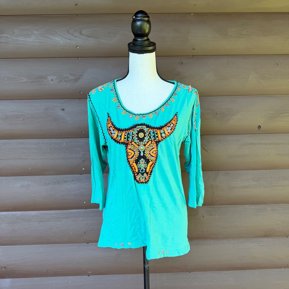 Sassy Sistas Bull Skull Embroidered Top Womens Large Teal Green 3/4 Sleeve Boho